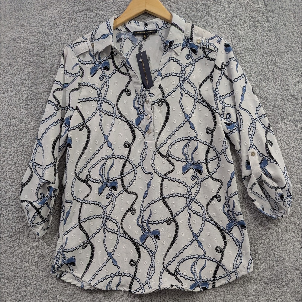 Adrienne Vittadini Blouse Women's Medium White Blue Chain Print Swiss Dot NWT